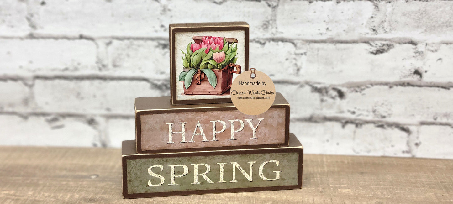 Happy Spring Tulips Tan, Green and Brown 3 Piece Wood Block Stack