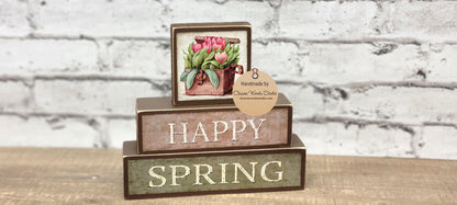 Happy Spring Tulips Tan, Green and Brown 3 Piece Wood Block Stack