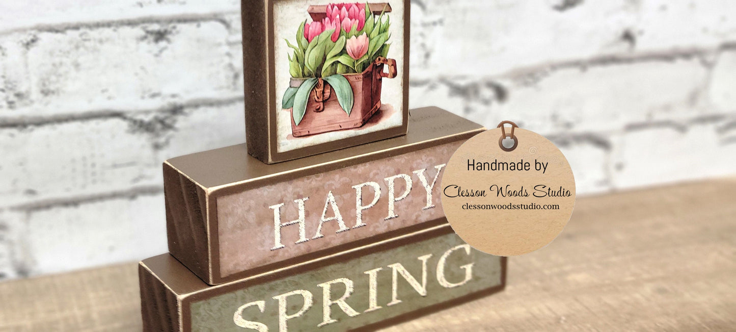 Happy Spring Tulips Tan, Green and Brown 3 Piece Wood Block Stack