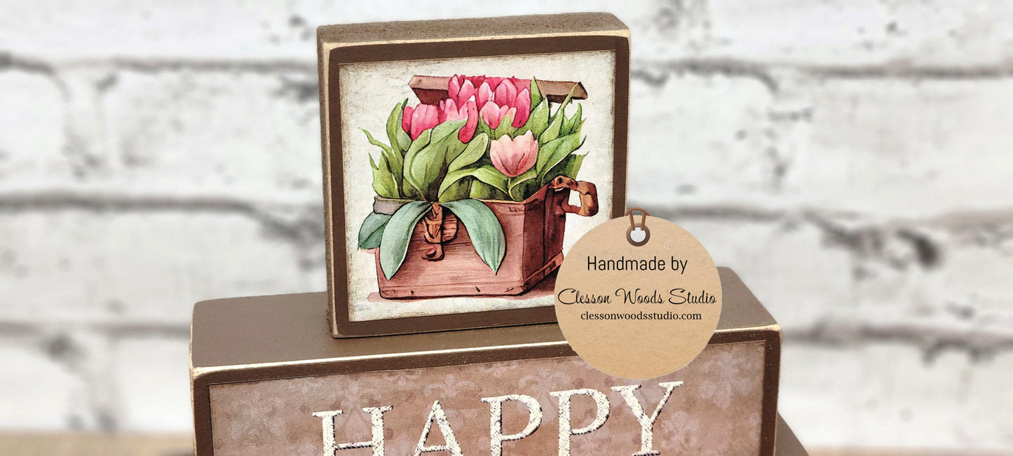 Happy Spring Tulips Tan, Green and Brown 3 Piece Wood Block Stack
