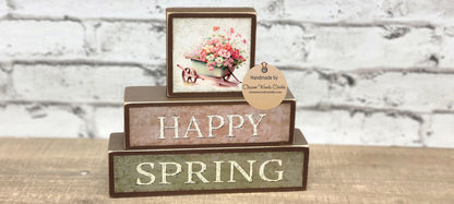 Happy Spring Wheelbarrow of Flowers Green Tan and Brown 3 Piece Wood Block Stack