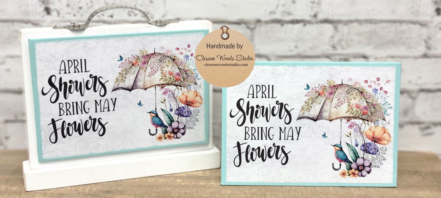 April Showers Bring May Flowers Bird with Umbrella Flowers 7" x 5" Interchangeable Canvas or Display Set
