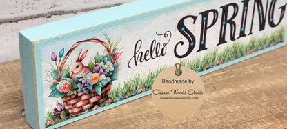 Hello Spring Basket with Bunny Light Blue Wood Block Sign