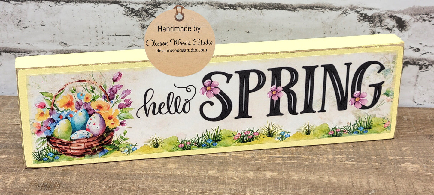 Hello Spring Basket of Flowers Yellow Wood Block Sign