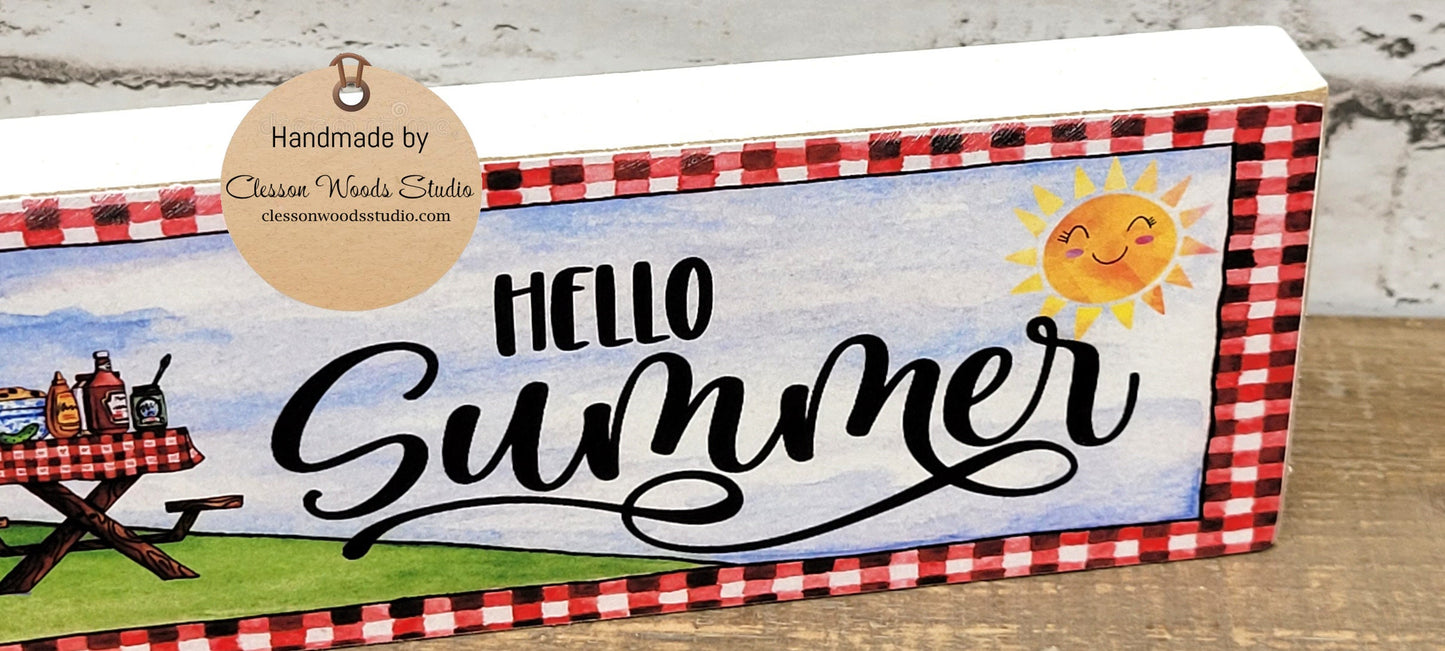 Hello Summer Picnic White Wood Block Sign