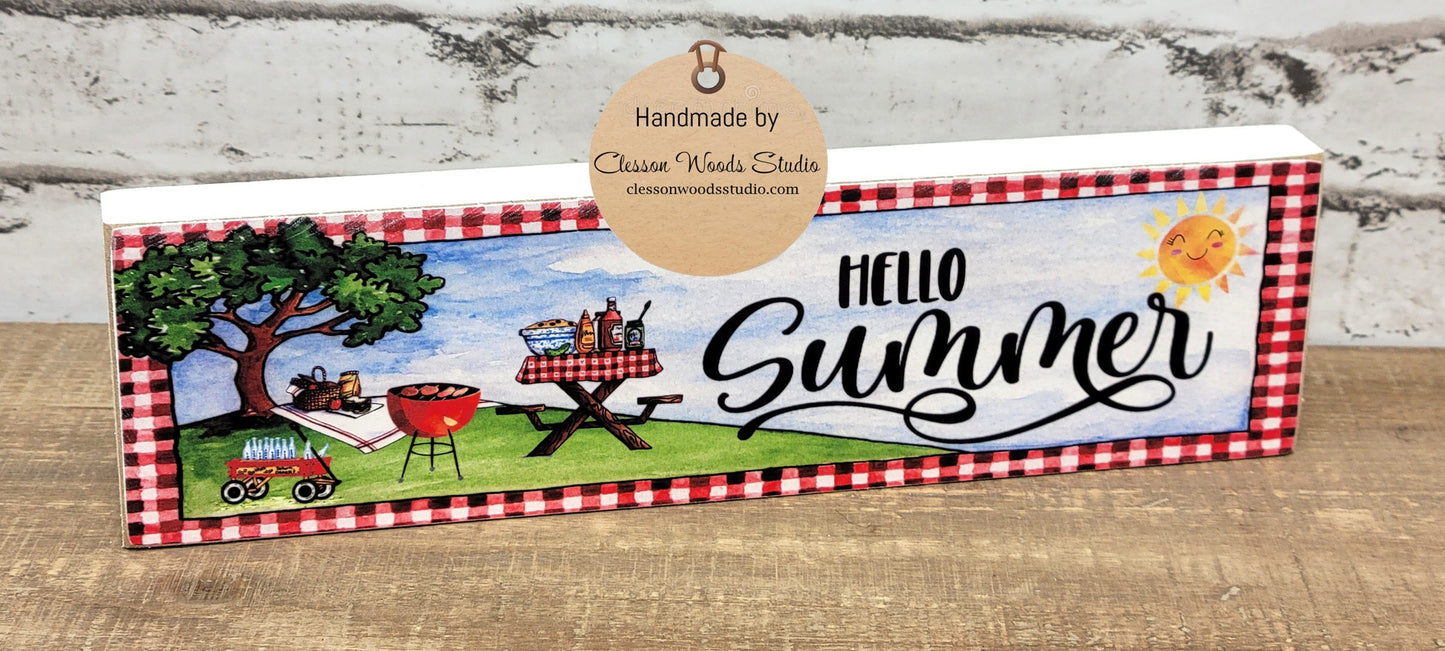 Hello Summer Picnic White Wood Block Sign
