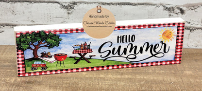 Hello Summer Picnic White Wood Block Sign