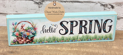 Hello Spring Basket with Bunny Light Blue Wood Block Sign