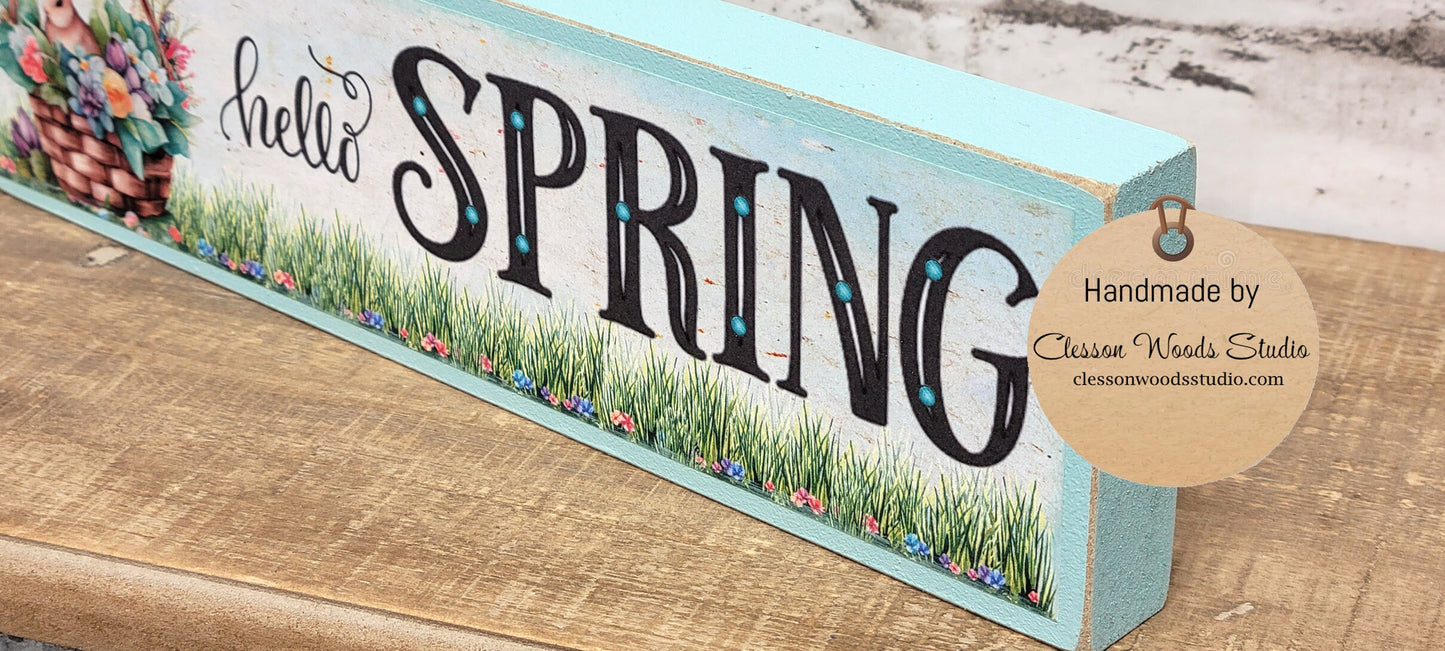 Hello Spring Basket with Bunny Light Blue Wood Block Sign