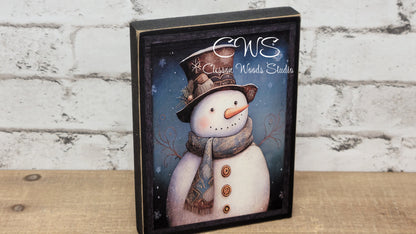 Primitive Snowman Black Frame Winter Wood Block Sign