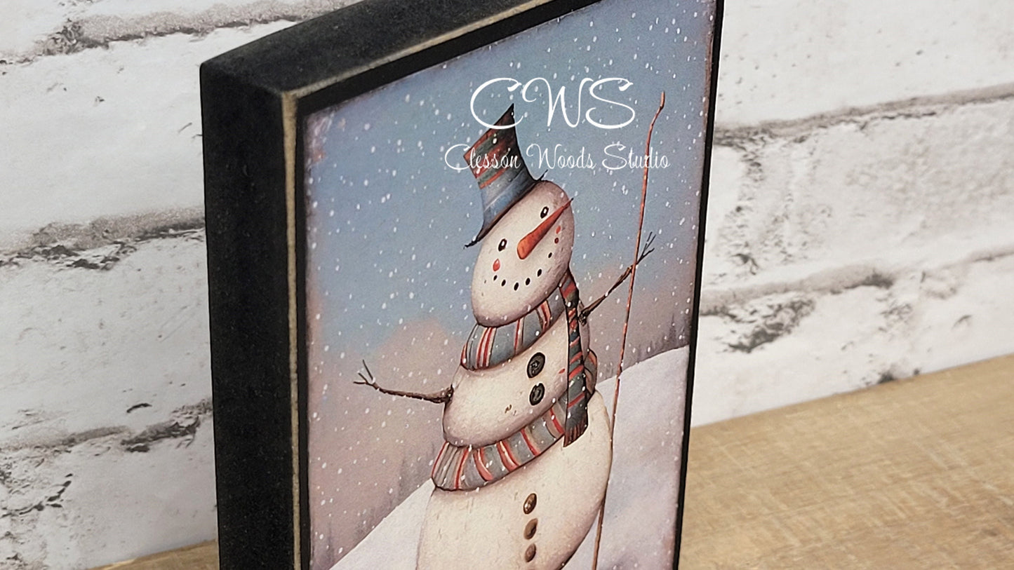 Let It Snow Primitive Snowman Winter Wood Block Sign