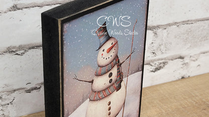 Let It Snow Primitive Snowman Winter Wood Block Sign