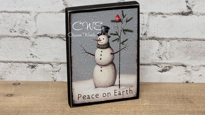 Peace on Earth Primitive Snowman Winter Wood Block Sign