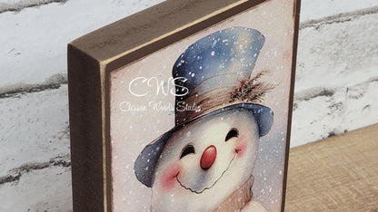 Let It Snow Snowman With Blue Hat Winter Wood Block Sign