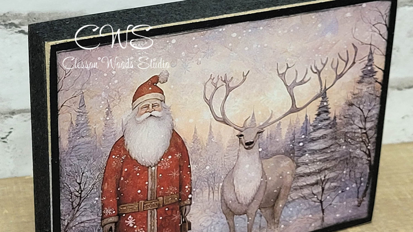 Old Time Santa and Reindeer Wood Block Sign
