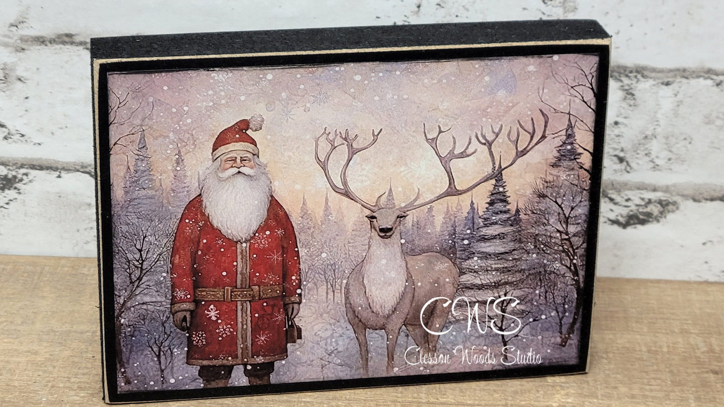 Old Time Santa and Reindeer Wood Block Sign