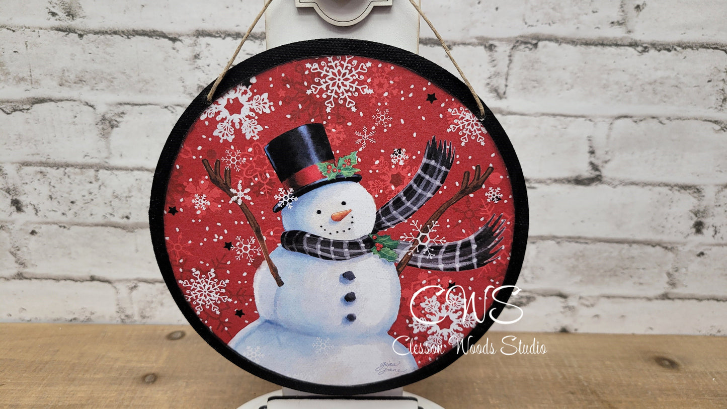 Snowman Red Background 6 Inch Round Hanging Sign