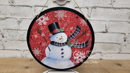 Snowman Red Background 6 Inch Round Hanging Sign