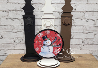 Snowman Red Background 6 Inch Round Hanging Sign