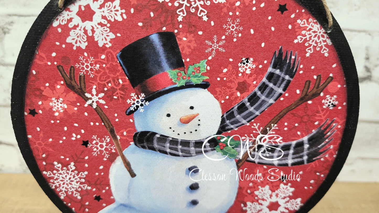 Snowman Red Background 6 Inch Round Hanging Sign