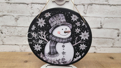 Black and White Snowman 6 Inch Round Hanging Sign