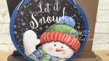 Let It Snow Waving Snowman 6 Inch Round Hanging Sign