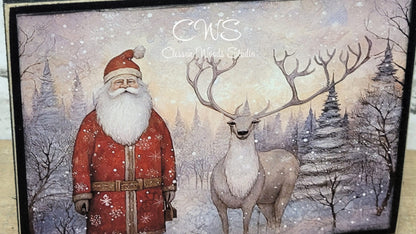 Old Time Santa and Reindeer Wood Block Sign