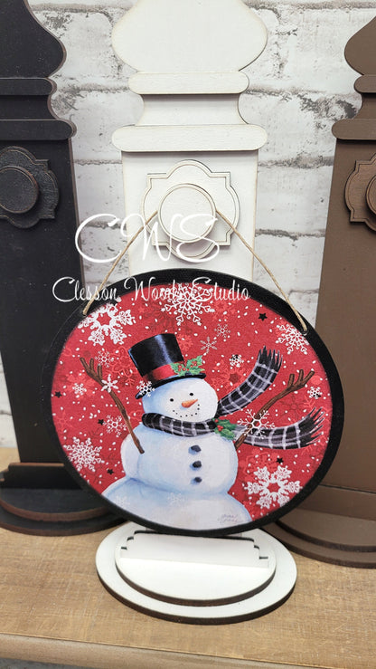 Snowman Red Background 6 Inch Round Hanging Sign