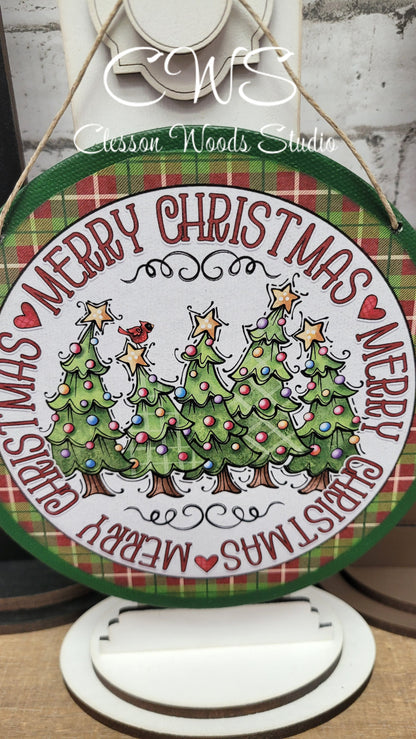 Green Merry Christmas Trees 6 Inch Round Hanging Sign