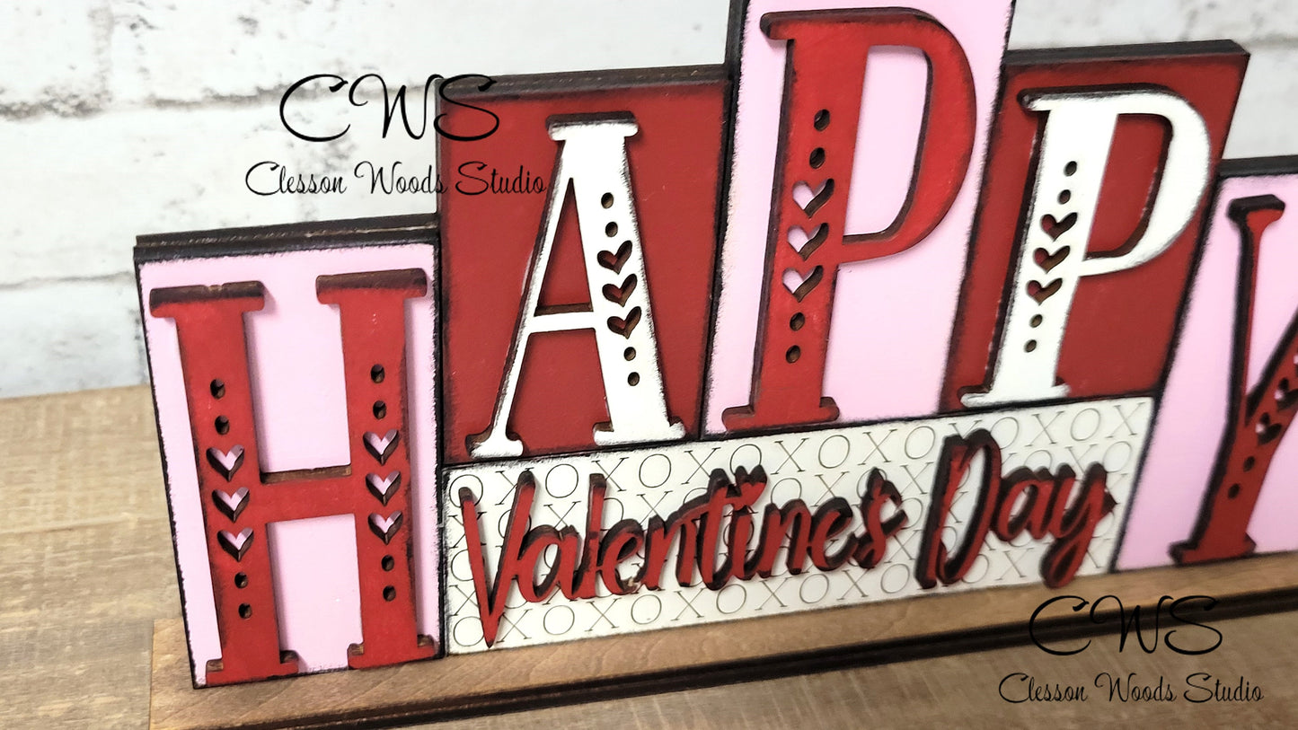 Happy Valentines Day Pink and Red Word Block Sign