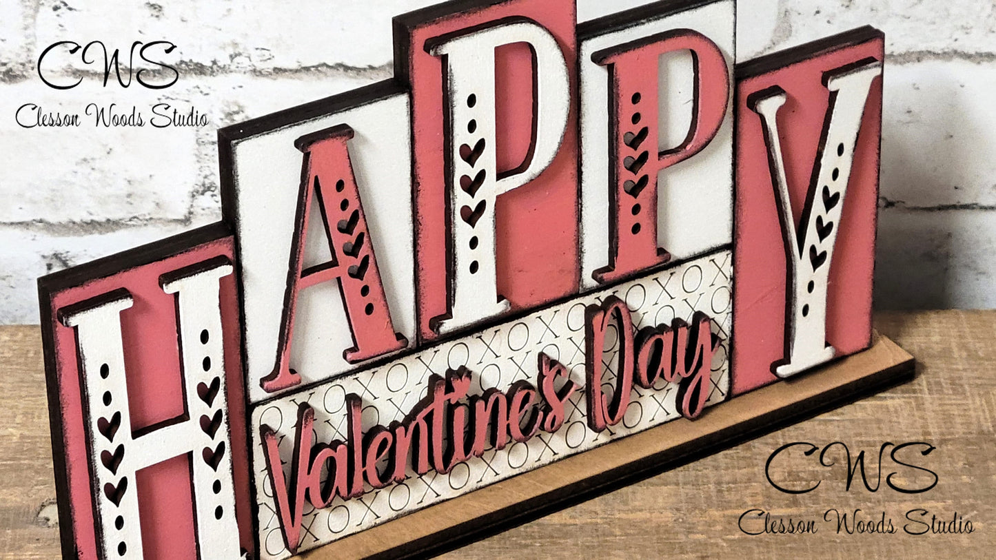 Happy Valentines Day Pink and White Word Block Sign