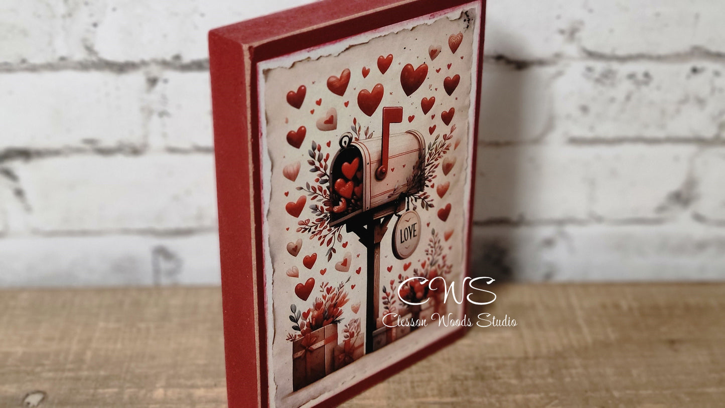 Valentine Mailbox of Love Letters Wood Block Sign