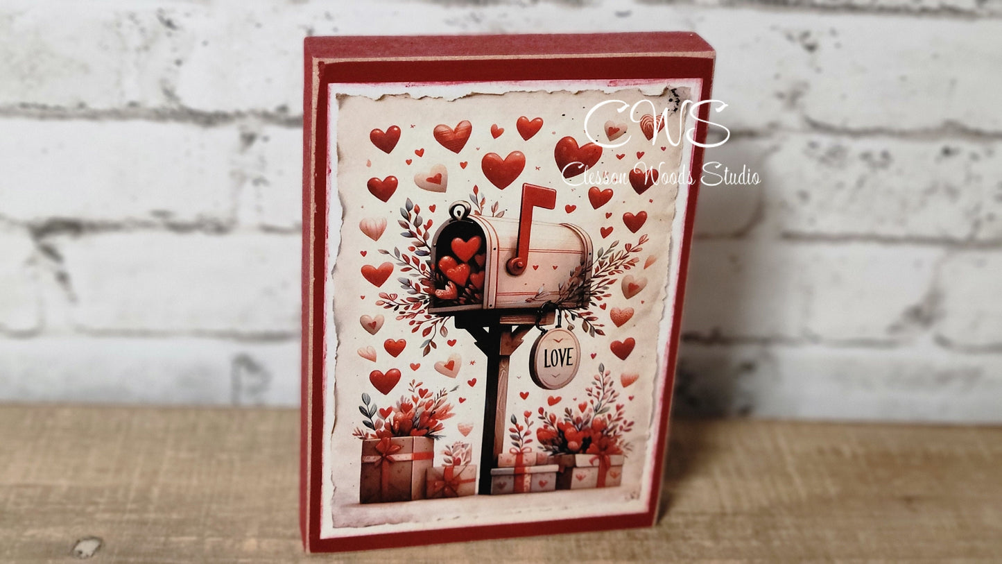 Valentine Mailbox of Love Letters Wood Block Sign
