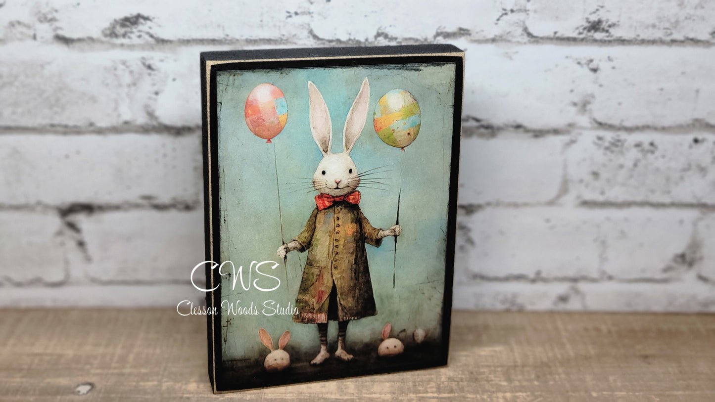Primitive Easter Bunny 3 Black Wood Block Sign