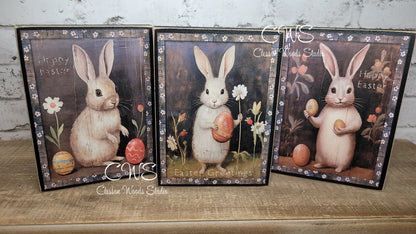 Primitive Easter Bunny Happy Easter Black Wood Block Sign