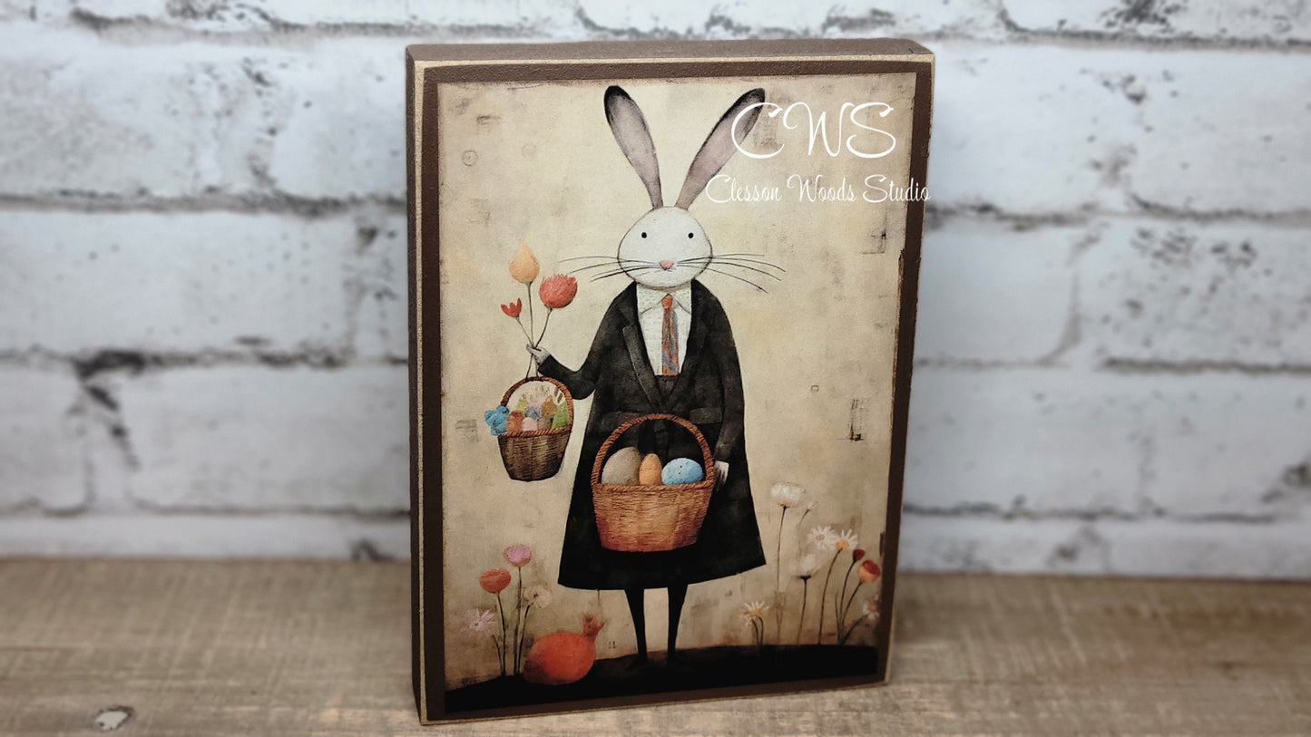 Primitive Easter Bunny 3 Brown Wood Block Sign