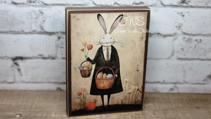 Primitive Easter Bunny 3 Brown Wood Block Sign