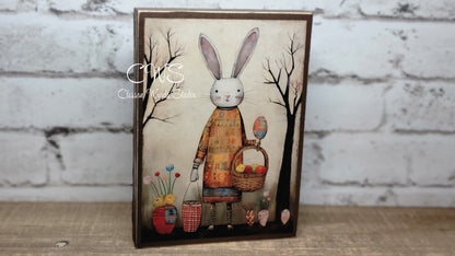 Primitive Easter Bunny 1 Brown Wood Block Sign