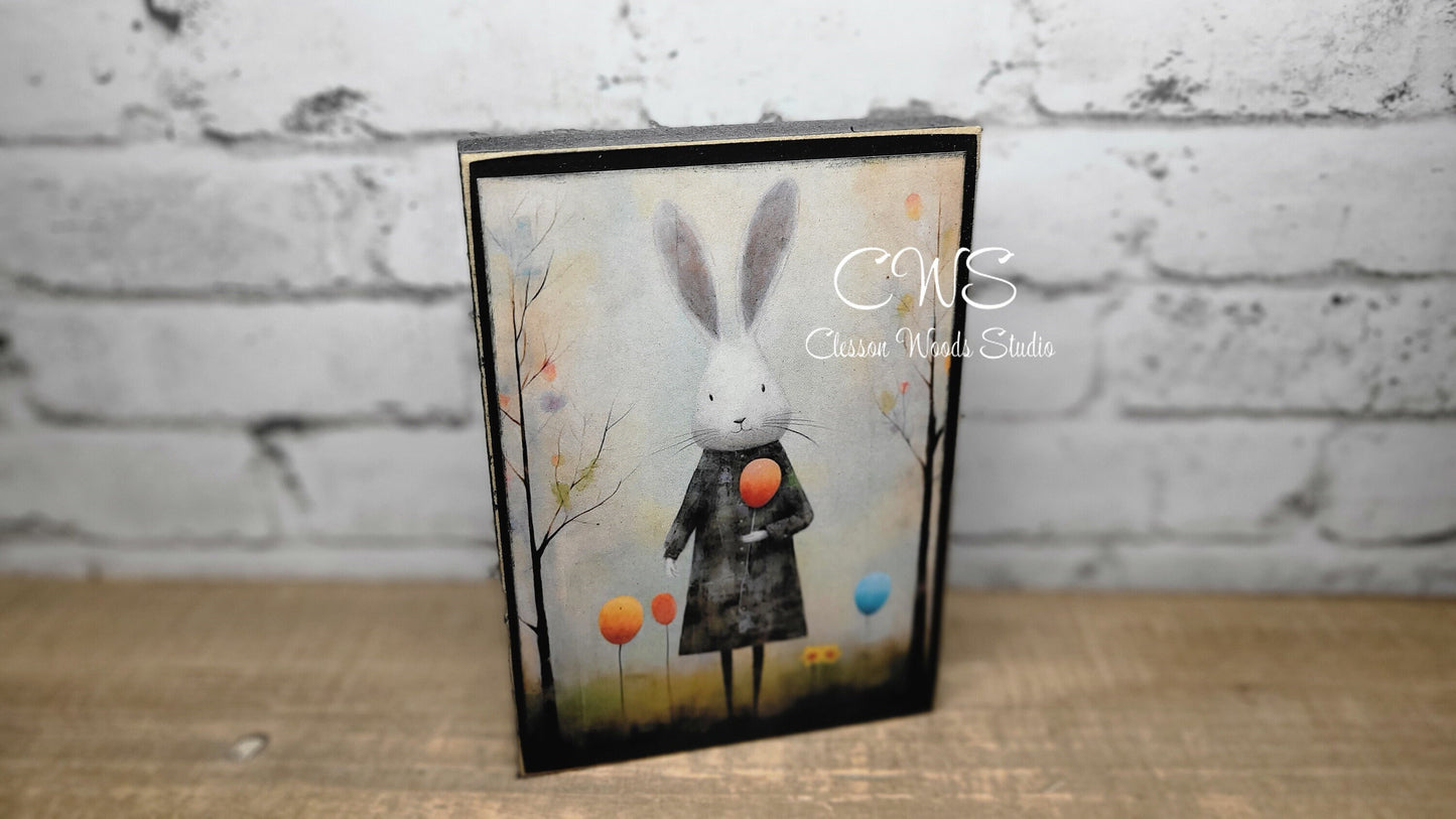 Primitive Easter Bunny 8 Black Wood Block Sign