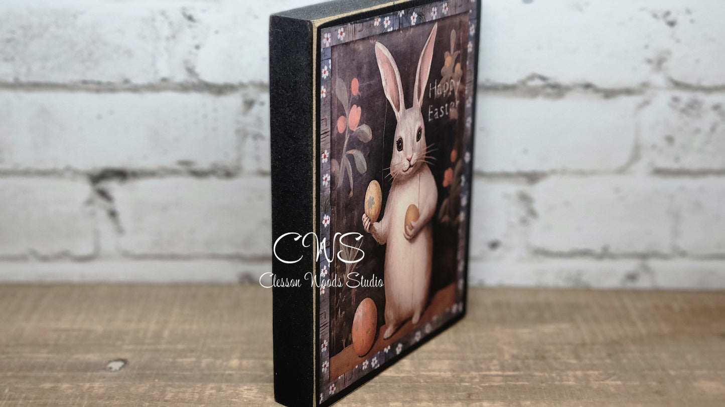 Primitive Easter Bunny Happy Easter Black Wood Block Sign