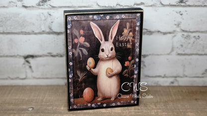 Primitive Easter Bunny Happy Easter Black Wood Block Sign