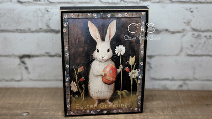 Primitive Easter Bunny Easter Greetings Black Wood Block Sign