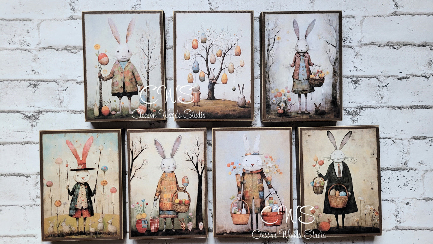 Primitive Easter Bunny 3 Brown Wood Block Sign