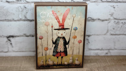 Primitive Easter Bunny 6 Brown Wood Block Sign