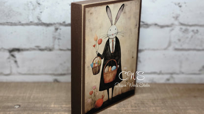 Primitive Easter Bunny 3 Brown Wood Block Sign