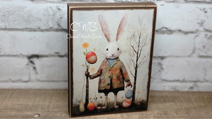 Primitive Easter Bunny 2 Brown Wood Block Sign
